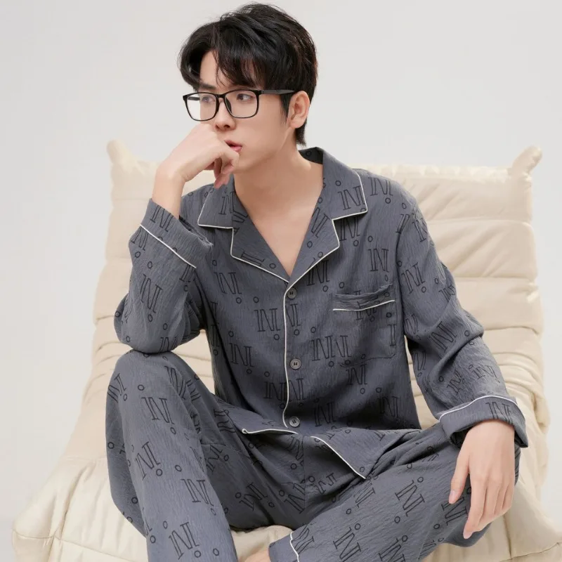 

Классический дизайн, пижамный костюм, мужской весенне-осенний брюки с длинными рукавами, кардиган, хлопковый летний новый домашний костюм большого размера, мужская