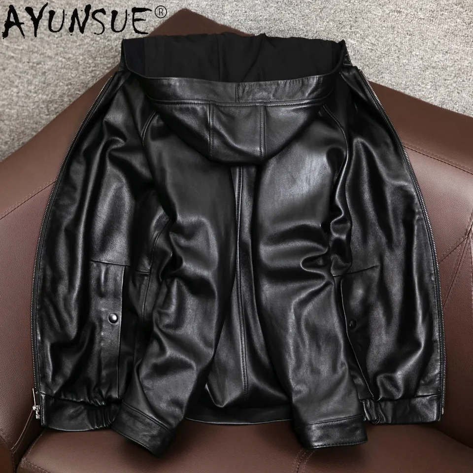 AYUNSUE Men's Genuine Leather Jacket Men Hooded Korean Natural