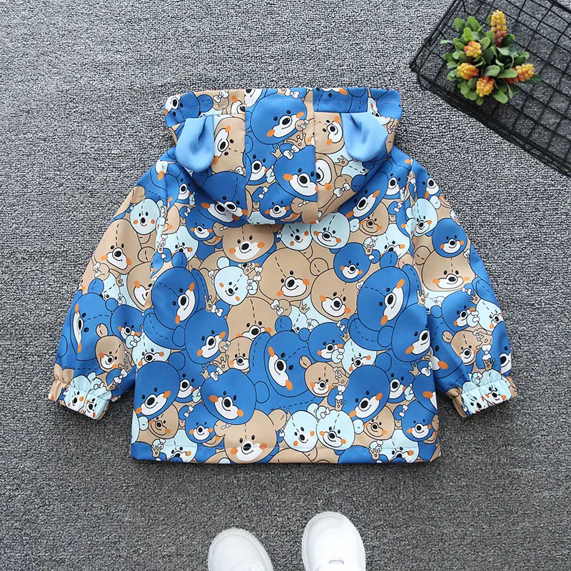 2024 Spring and Autumn Boys and Children\'s Leisure Print Little Bear Pocket Hooded Zipper Coat Children\'s Clothing 1-8Y