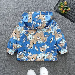 2024 Spring and Autumn Boys and Children's Leisure Print Little Bear Pocket Hooded Zipper Coat Children's Clothing 1-8Y