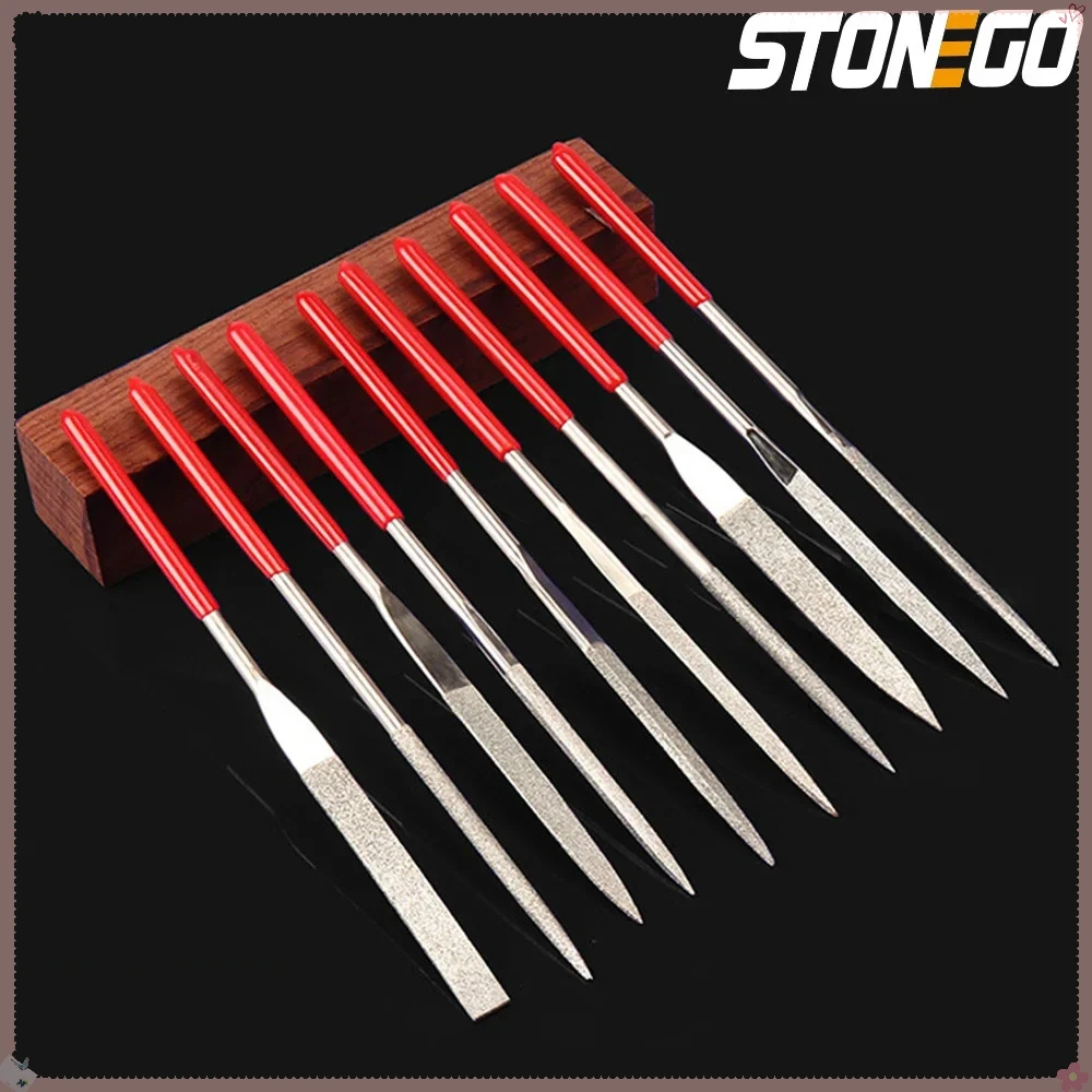 STONEGO 10PCS Mini Needle File Set Diamond Coated 140mm Long 3mm Wide for Ceramic Glass Gemstone Hobbies Crafts