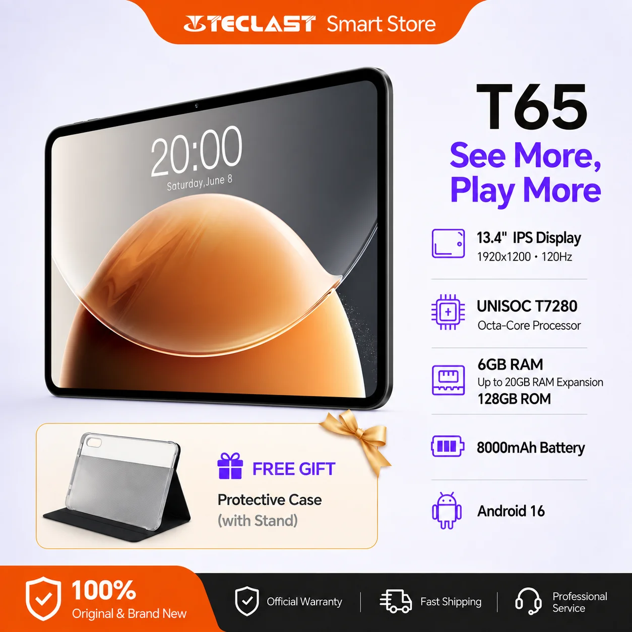 TECLAST TECLAST T65 13.4" Android 16 Tablet 26GB(6GB+20GB) RAM 128GB ROM T7280 8-Core 120Hz FHD 8000mAh 4G LTE Dual SIM GPS Widevine L1 - Aliexpress Deal