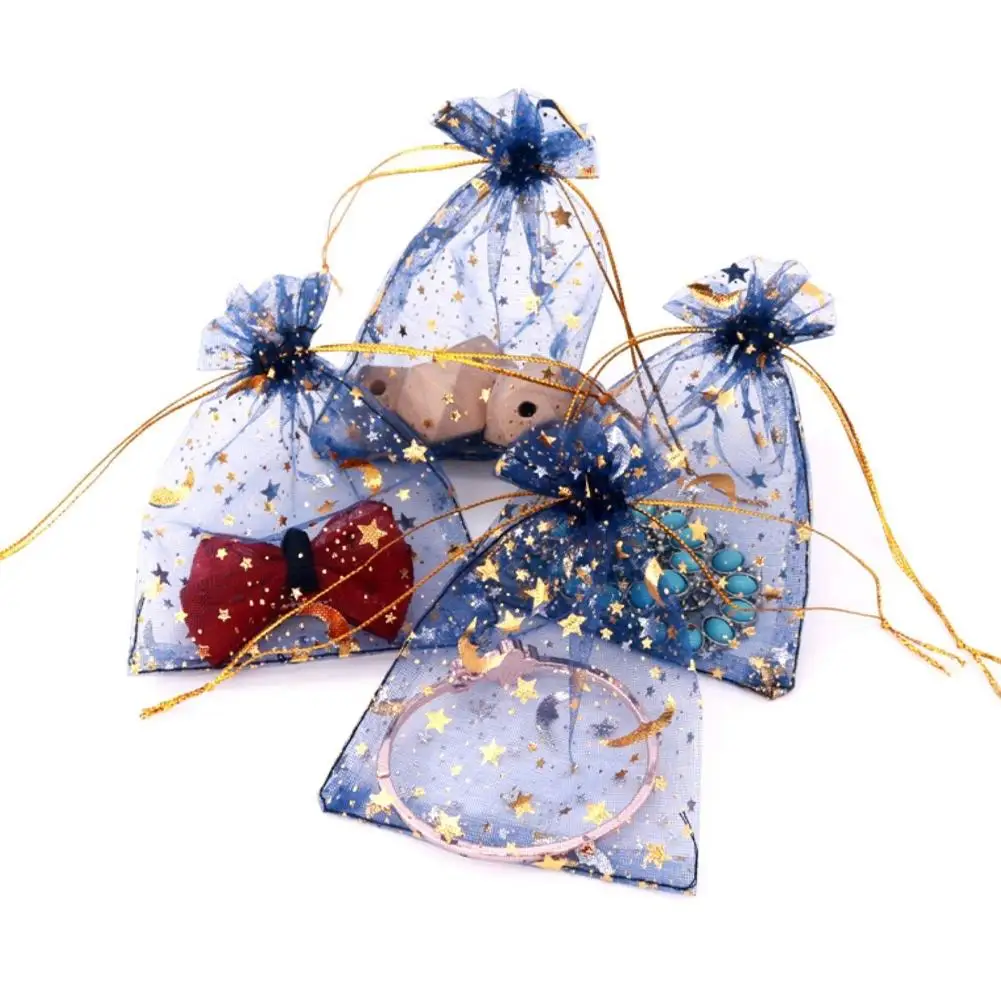 50PCS Moon Stars Drawstring Organza Bags Jewelry Gift Bags Pouches Gold Star Organza Favor Pouches for Christmas Wedding