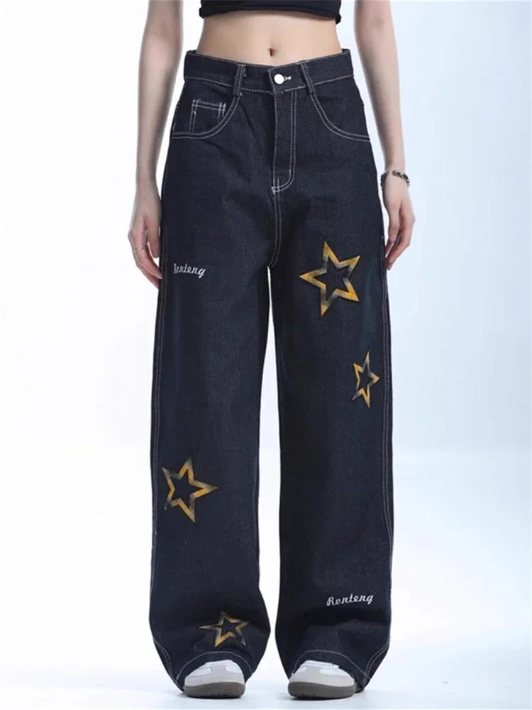 Women's Star Pattern Wide-leg Dark Blue Jeans Street Girl Bottoms Pants Female Fashion High Waist  Baggy Denim Trousers