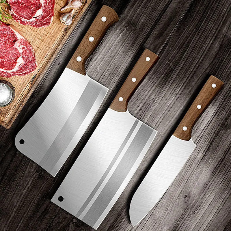 Stainless Steel Kitchen Knives Chef Slicing Butcher Chopping Cutter Sharp Meat Cleaver with Wood Handle Knives Set for Household