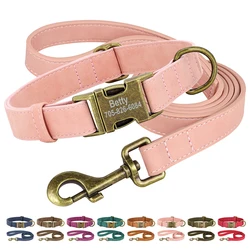 Personalized Dog Collar Leash Set Customized Dogs Collar Walking Lead Rope Leather Pet Collars for Small Medium Large Dogs Pug