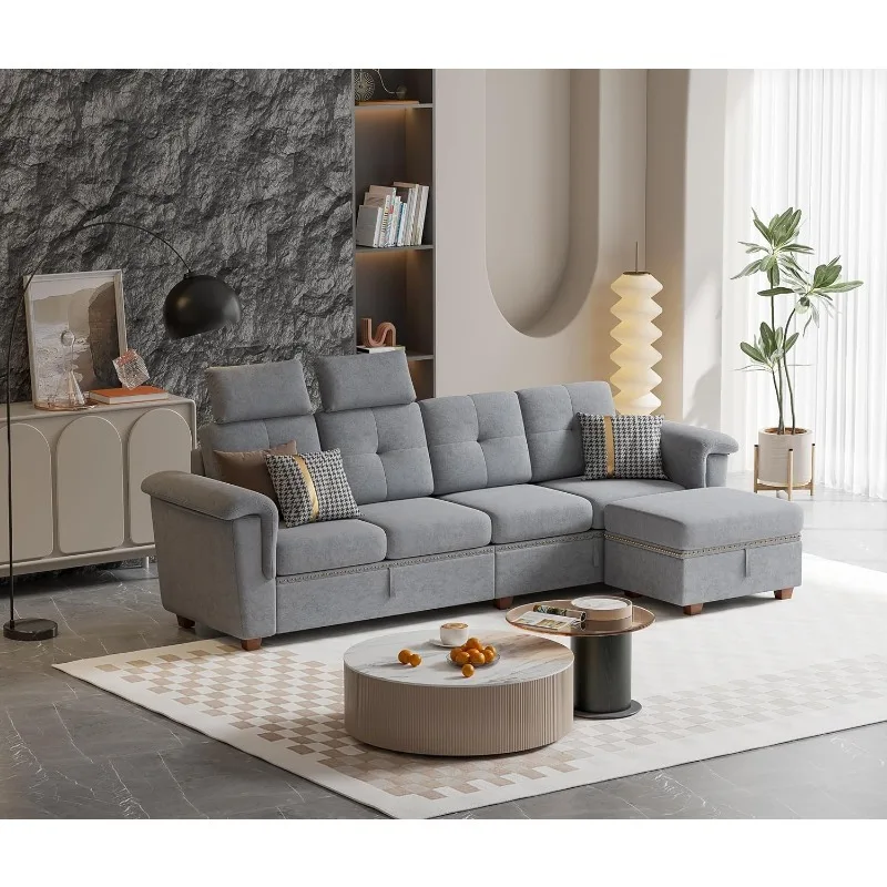 Convertible Sectional Sofa with Storage, 4 Seat L Shaped Couch with Chaise and Cup Holder, Modern Microfiber Fabric Sofas