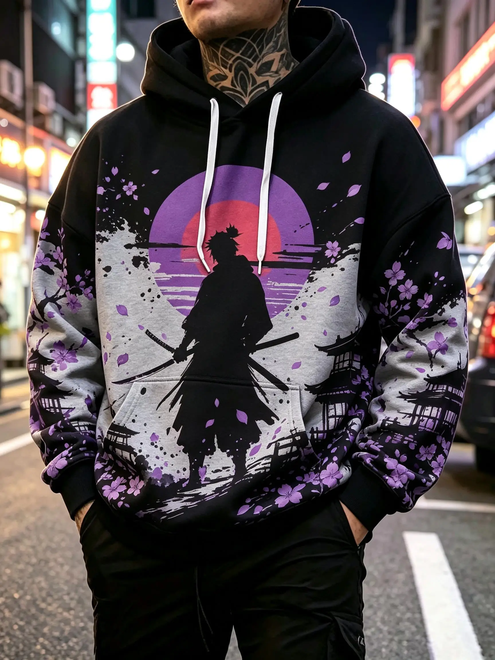 Men's Hoodie Black Grey Samurai Sunset Print Lightweight Comfortable Pullover Sweatshirt for Japanese Style Daily Wear