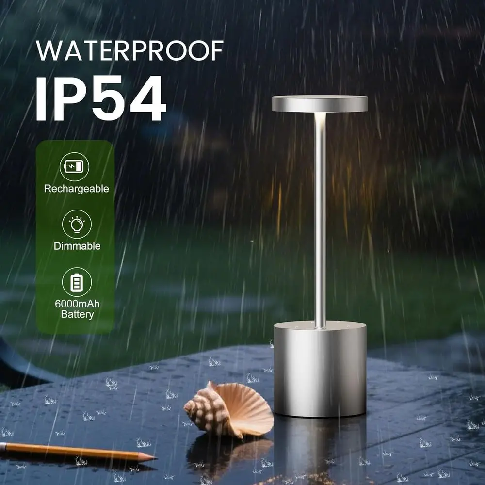 LED Cordless Table Light, Rechargeable Outdoor Desk Lamp, 5000mAh Battery, Dimming Feature for Patio and Restaurant Use (Silver)