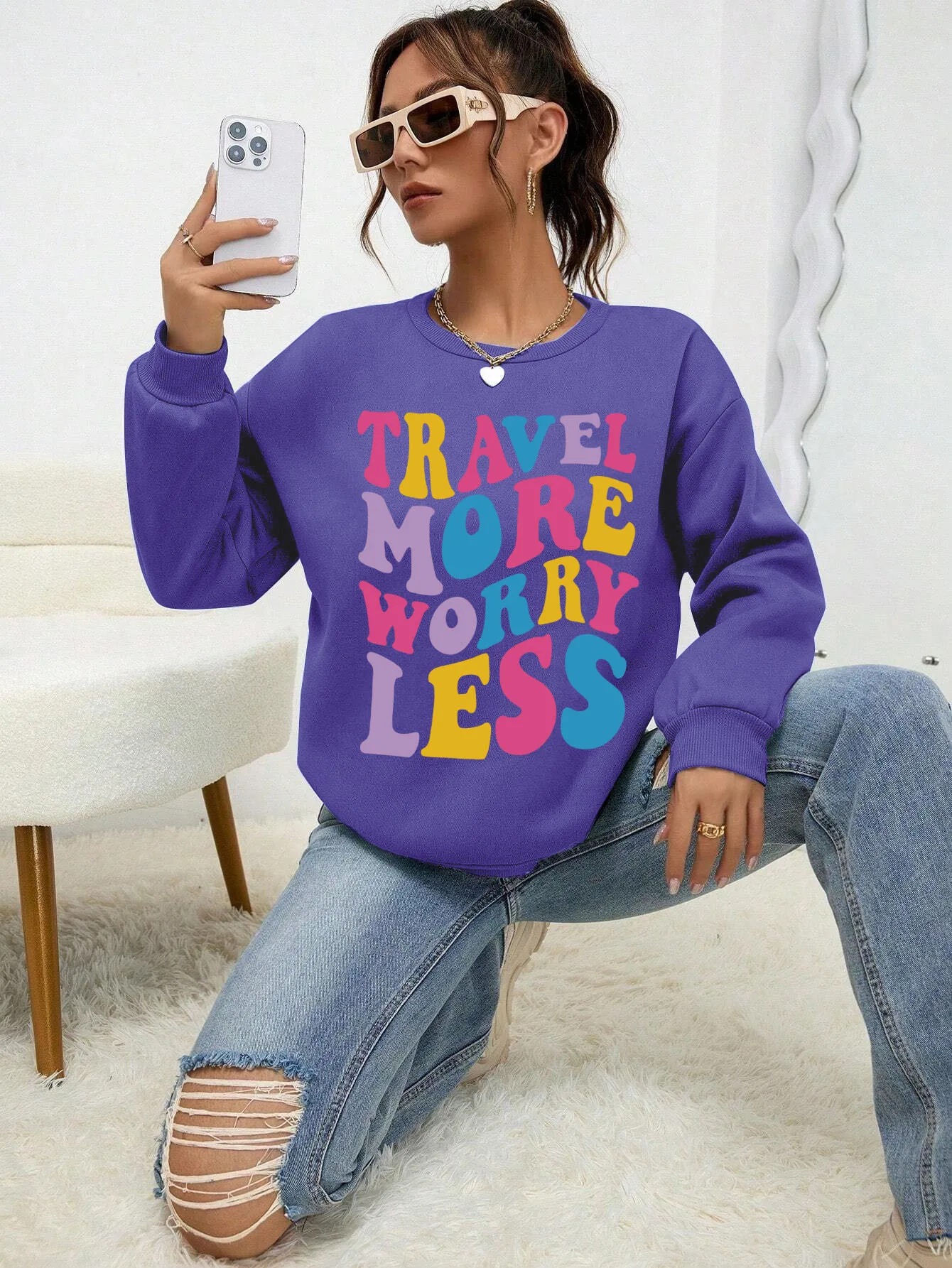 Travel More Worry Less Print Women Clothes Korean Hip Hop Comfortable Sweatshirt Street Casual Pullovers Warm Loose Sportswear