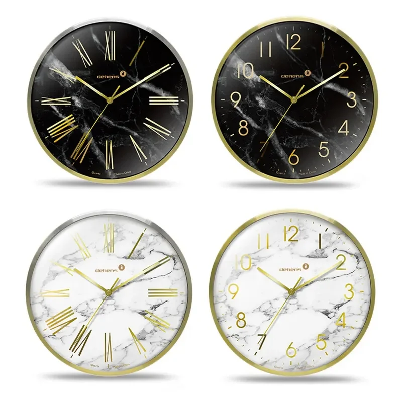 Nordic Luxury Marble Pattern Wall Clock Silent Quartz Metal Frame Modern Fashion Home Decor for Living Room