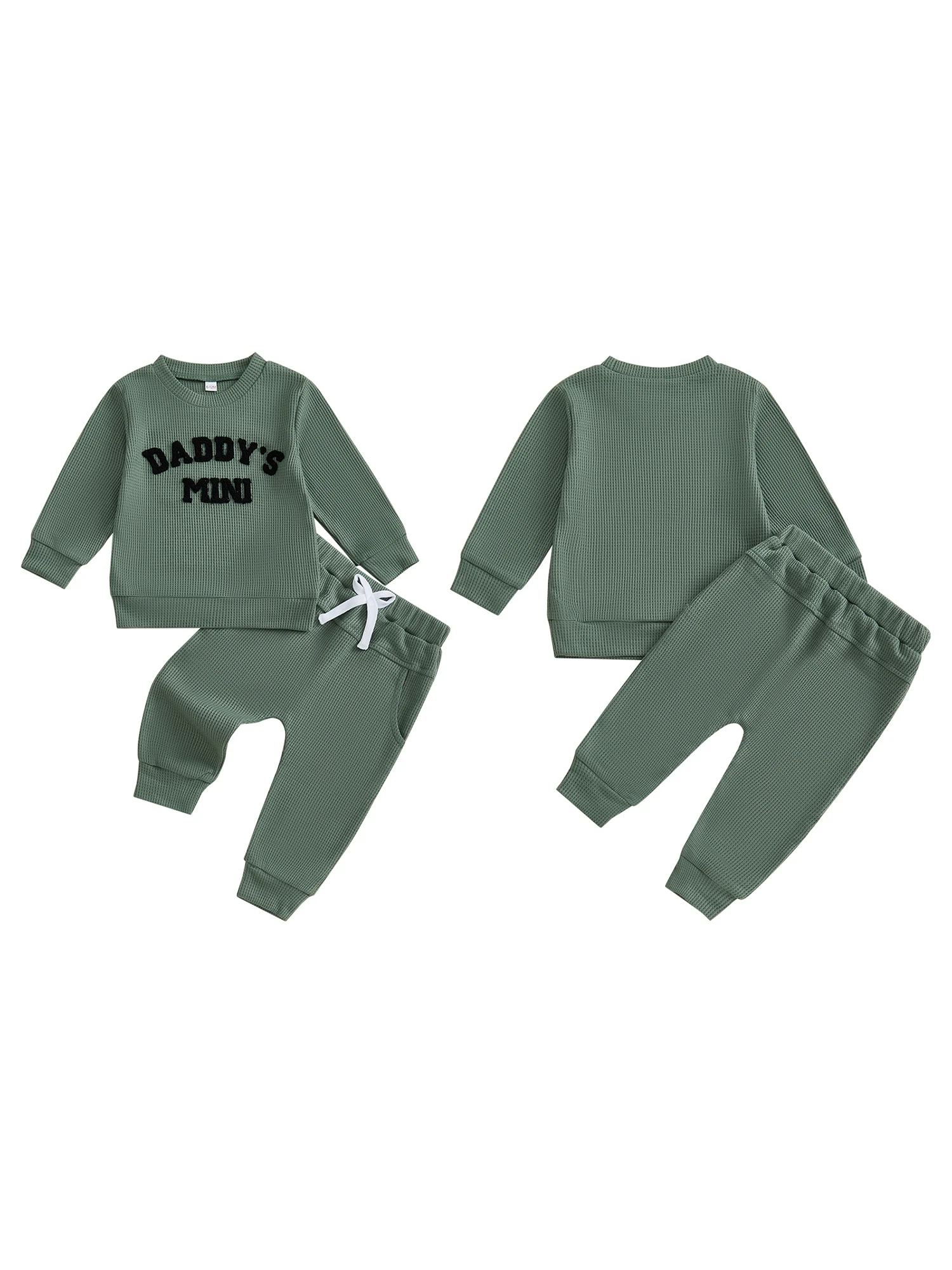 

Toddler Boy Autumn Waffle Set with Embroidered Letters Long Sleeve Sweatshirt and Elastic Pants - 2 Piece Outfit for Baby