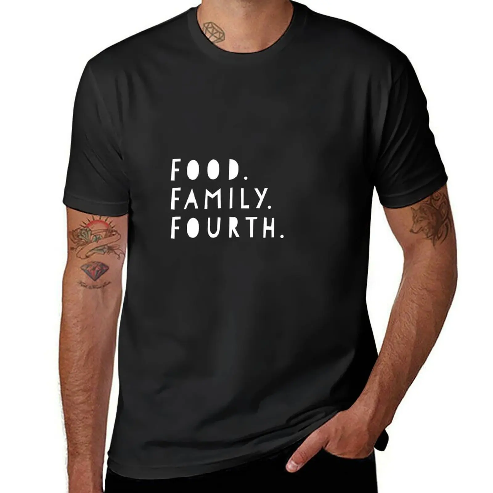 Food. Family. Fourth. Fourth of July party T-Shirt shirts graphic tees boys whites quick drying Men's cotton t-shirt