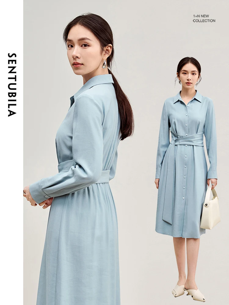 SENTUBILA Elegant Shirt Dress for Women 2024 Autumn Fall Fashion Solid Button Down Long Sleeve Tie Belt Dresses 143L56467