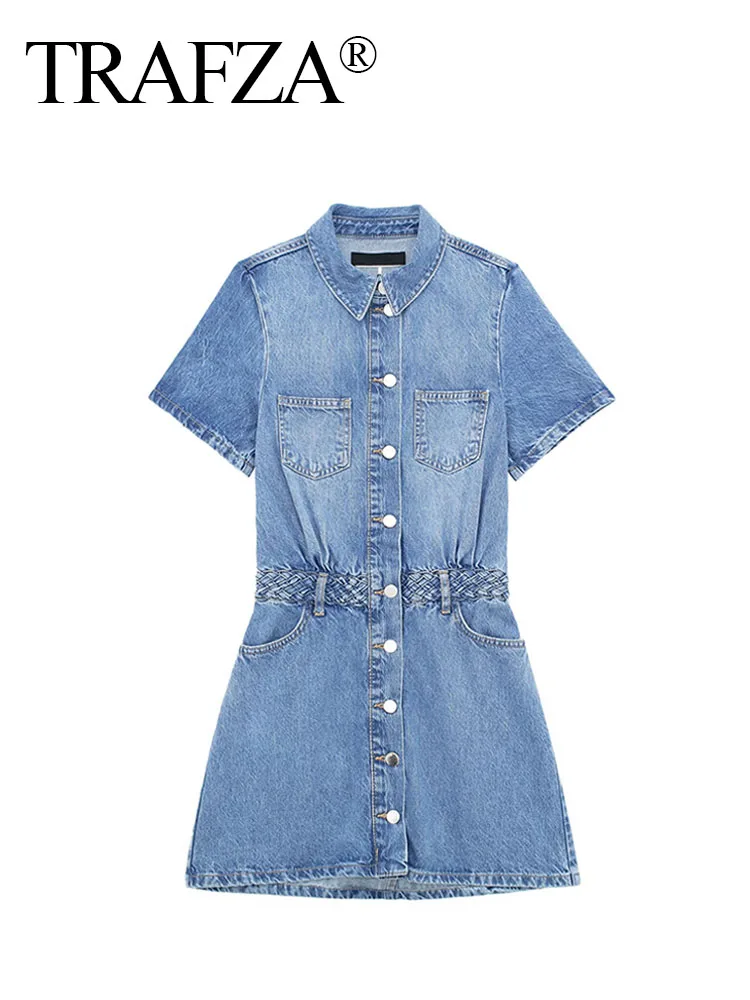 

TRAFZA Female High Street Dresses Denim Blue Turn-Down Collar Short Sleeve Pocket Single Breasted Summer Dress Woman 2024 Trendy