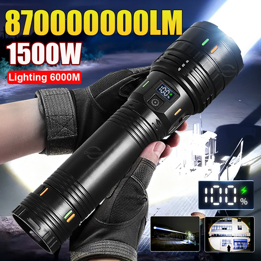 

Ультра яркий фонарик со встроенным аккумулятором, 6 км, 1500 Вт, самые мощные тактические светодиодные фонарики, аварийные прожекторы