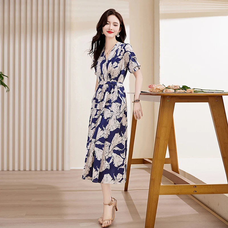 

Women's silk dress, printed, V-neck, tie waist, elegant, casual, breathable, popular, 2025 spring and summer new style