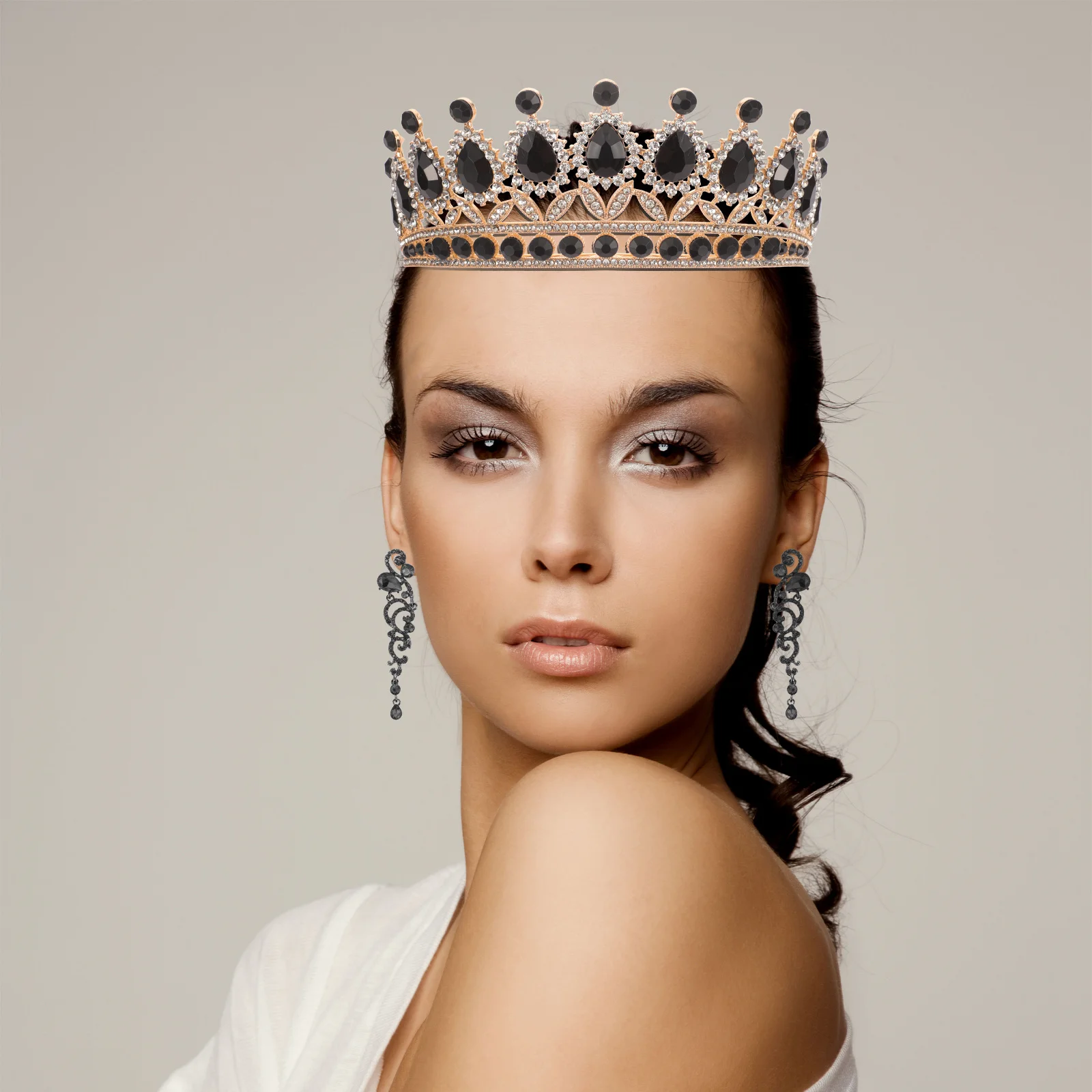 

1Set Vintage Crown and Earrings Set for Women Rhinestone Bridal Jewelry Elegant Baroque Design Wedding Party Prom Fairy Costume