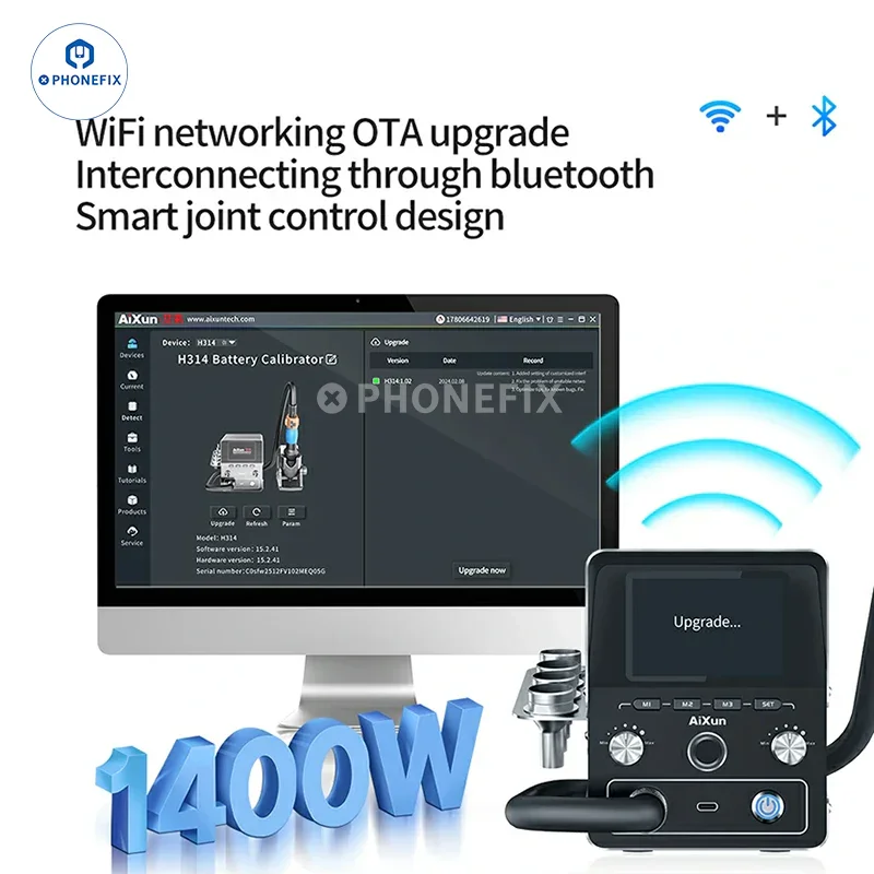 AiXun H314 1400W Pistolet na gorące powietrze Bluetooth Pierścień z uchwytem Inteligentna stacja lutownicza Dysze na gorące powietrze do tabletów