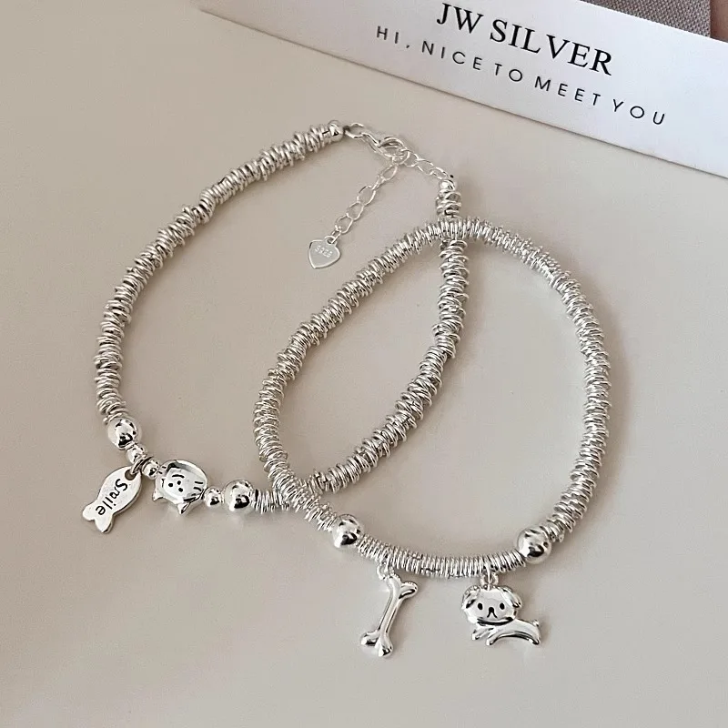 Chinese Style Lucky Good Fortune Blessing Unique Design Silver Plated Irregular Broken Silver Bead Bracelet Cute Cat Dog Pendant