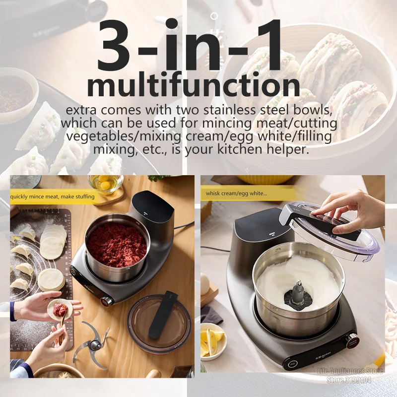 Donlim Electric Dough Mixer 3-in-1 Multifunction Stirring Meat Grinding Whisking Blender Mixer Time Setting For Kitchen DL-1349