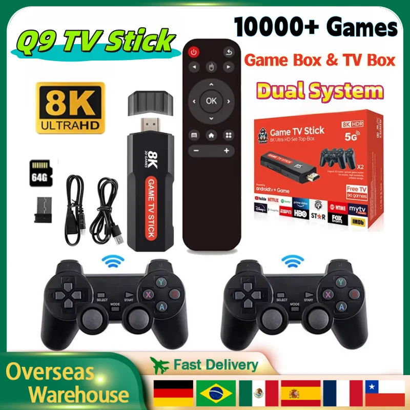 Q9 TV Stick Dual System Game Stick Console Game Box TV Box Video Game Consoles Android 10 64GB 2.4G/5G Wifi HD Output For Gifts