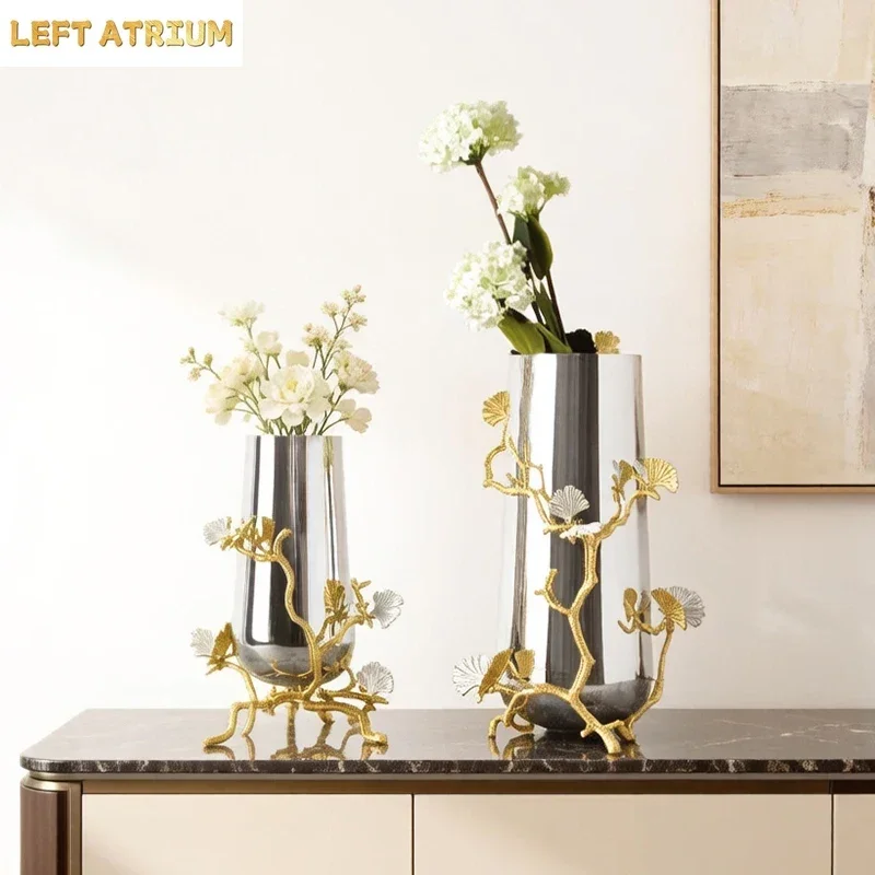 Butterfly Ginkgo Leaf Decorative Vase Creative Silver Flower Pots Table Decoration Flowers Arrangement Room Aesthetic Decor