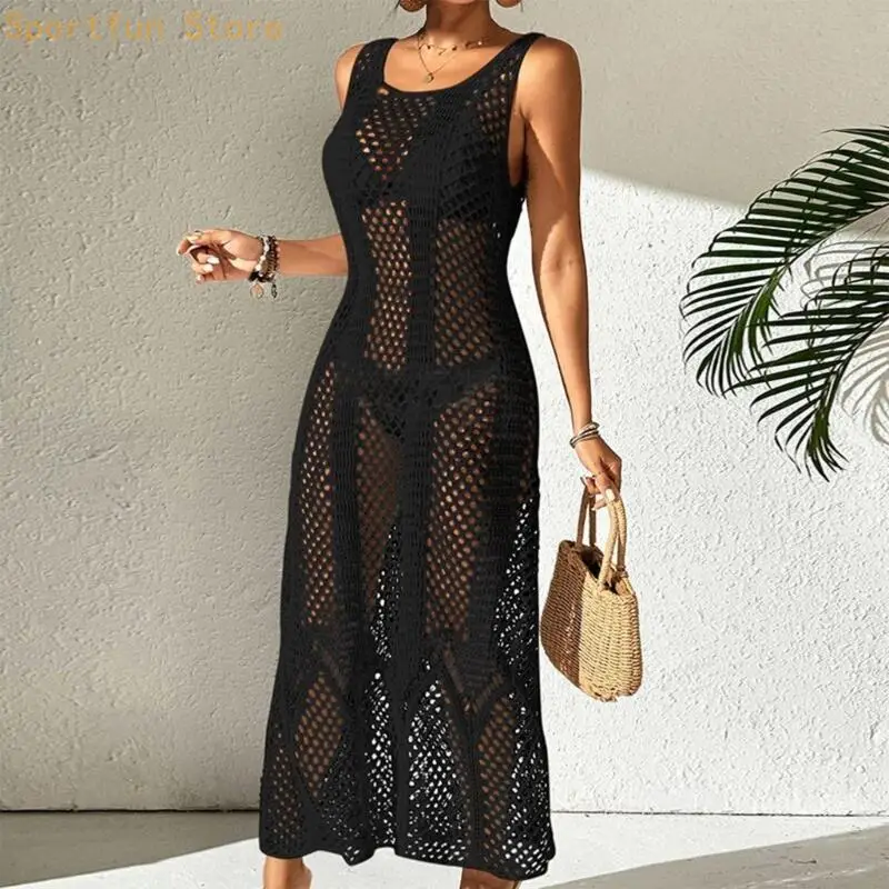 

X7JD Sleeveless Coverup Dress Hollow Out Beach Dress Crochet Full Length Swim Coverup