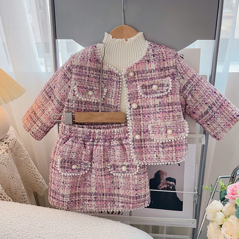 Winter Children Girl 2PCS Clothes Set Cotton Padded Thick Warm Baby Girl Coat Suit Elastic Waist Plaid Skirts Infant Girl Outfit