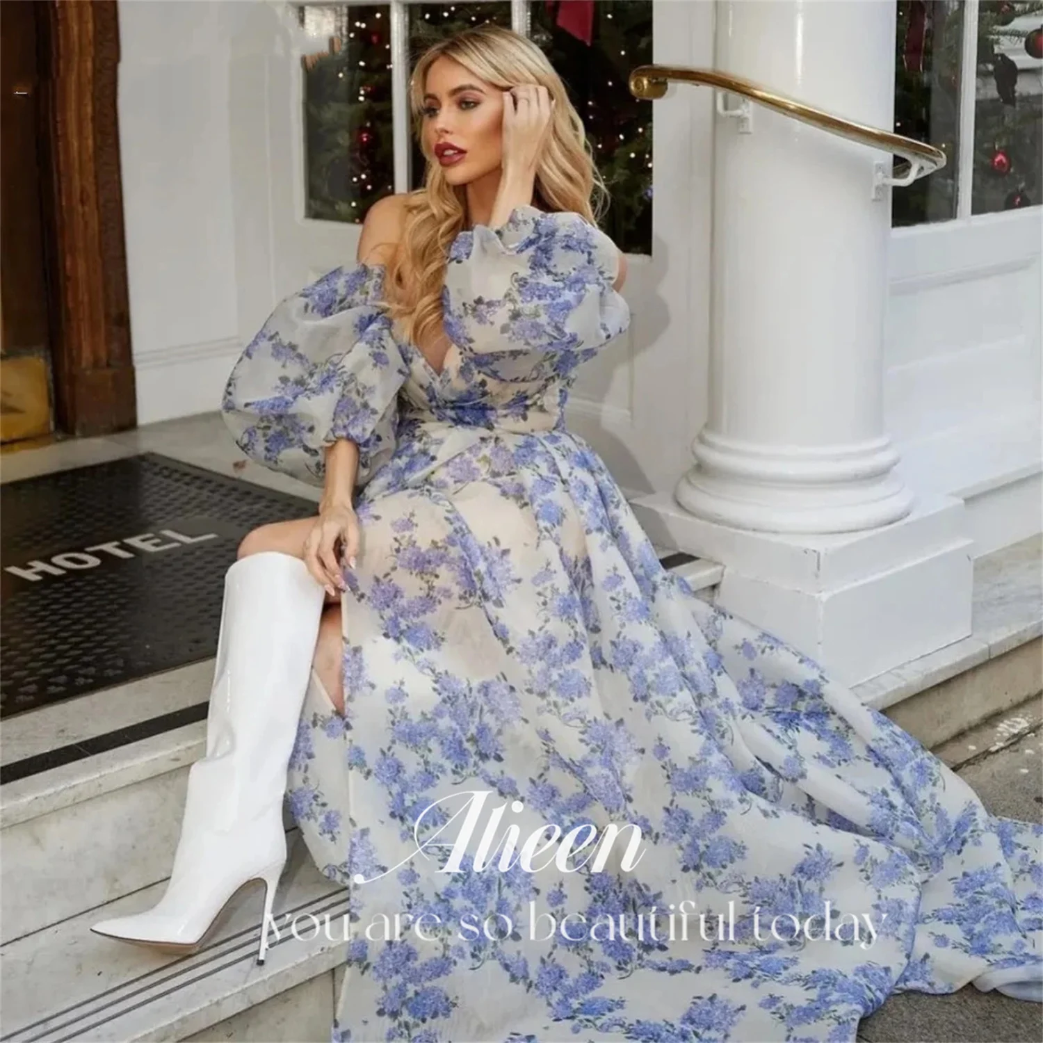 

Aileen Puff Sleeves Printing Back Strap Off the Shoulders Elegant Party Dresses for Women Luxury Prom Dress 2024 Evening Gown