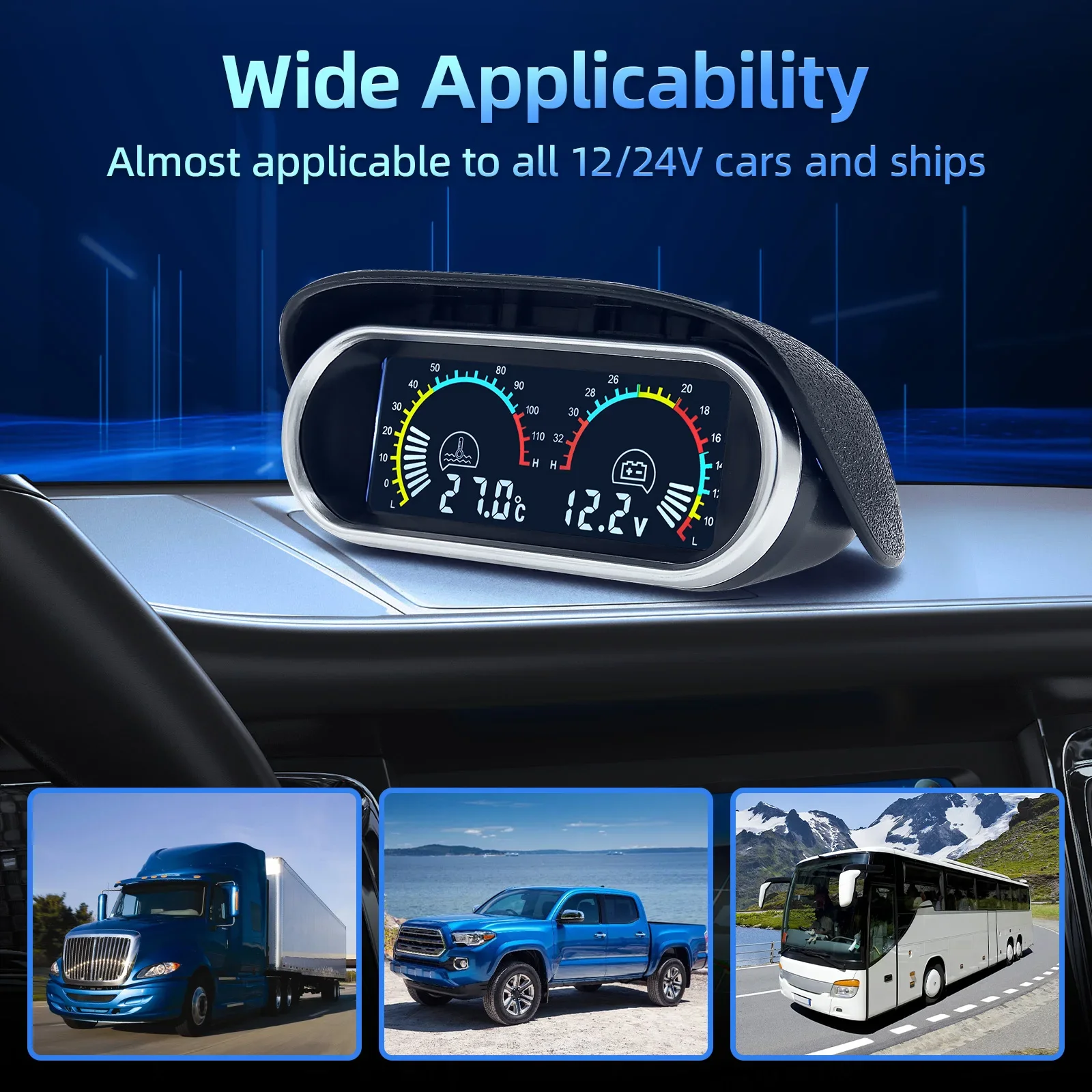 2In 1 Universal Car Horizontal Fuel Gauge & Water Temperature & Voltage 12v Voltmeter Oil Press Digital LCD RPM Tachometer 9~36v view 6