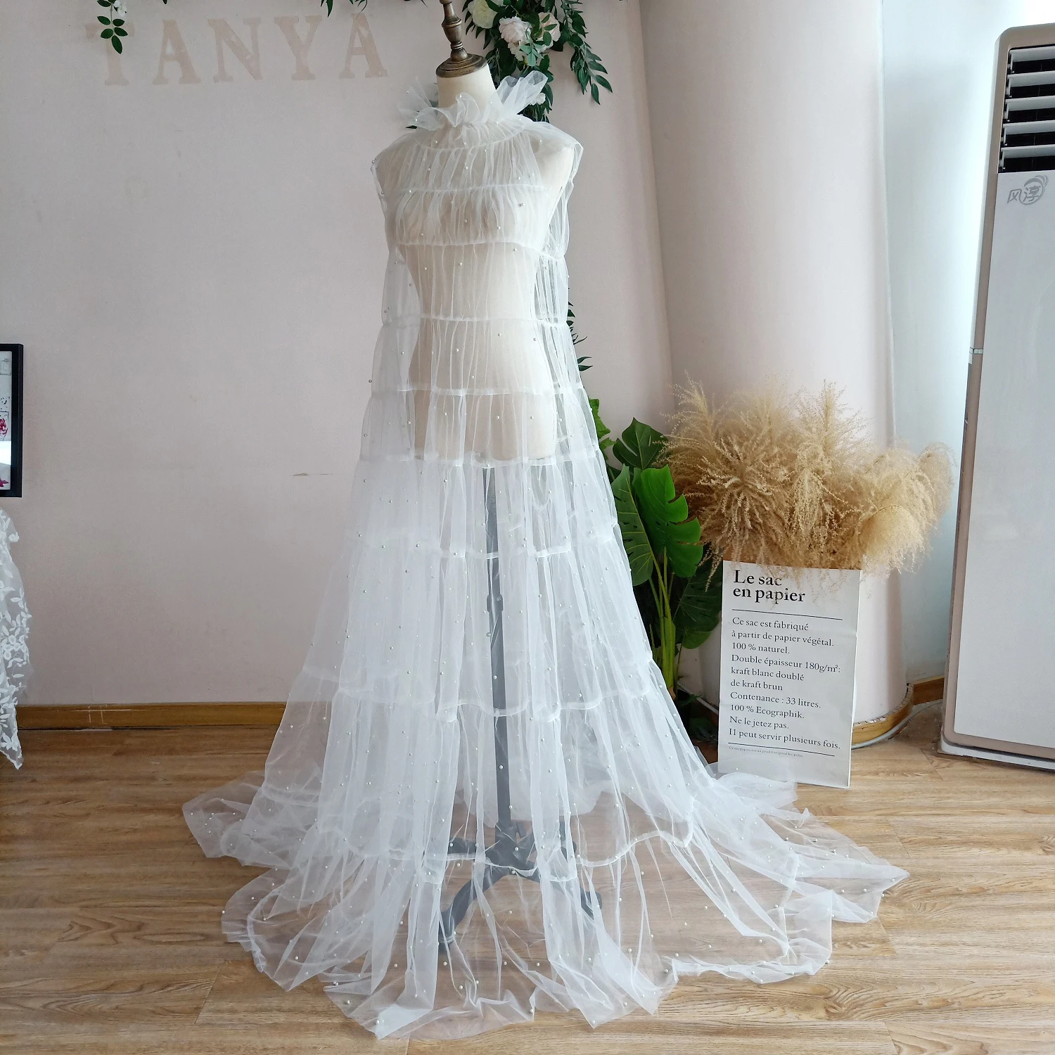 Sheer Ruffle Wedding Cape With Chic High Collar Studded With Beautiful Pearls Loose Outfit  DJ152