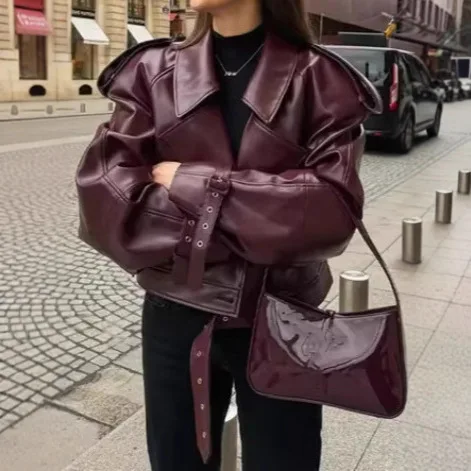 

Women's PU Leather Jaet Street Sle Retro Motorcycle Coat Adjustable Cuff Biker Jaet Cusizable Faion Outerwear