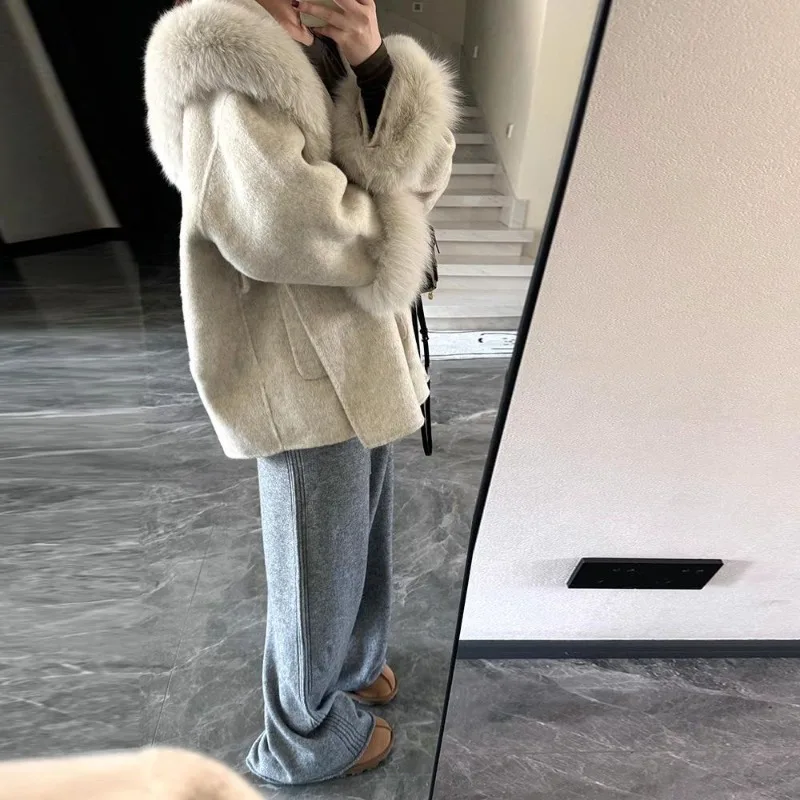 冬の韓国ファッション Y2k シックな女性のコート暖かい厚みのあるグレーの毛皮の襟ポケット付きウインドブレーカートレンチコート女性服