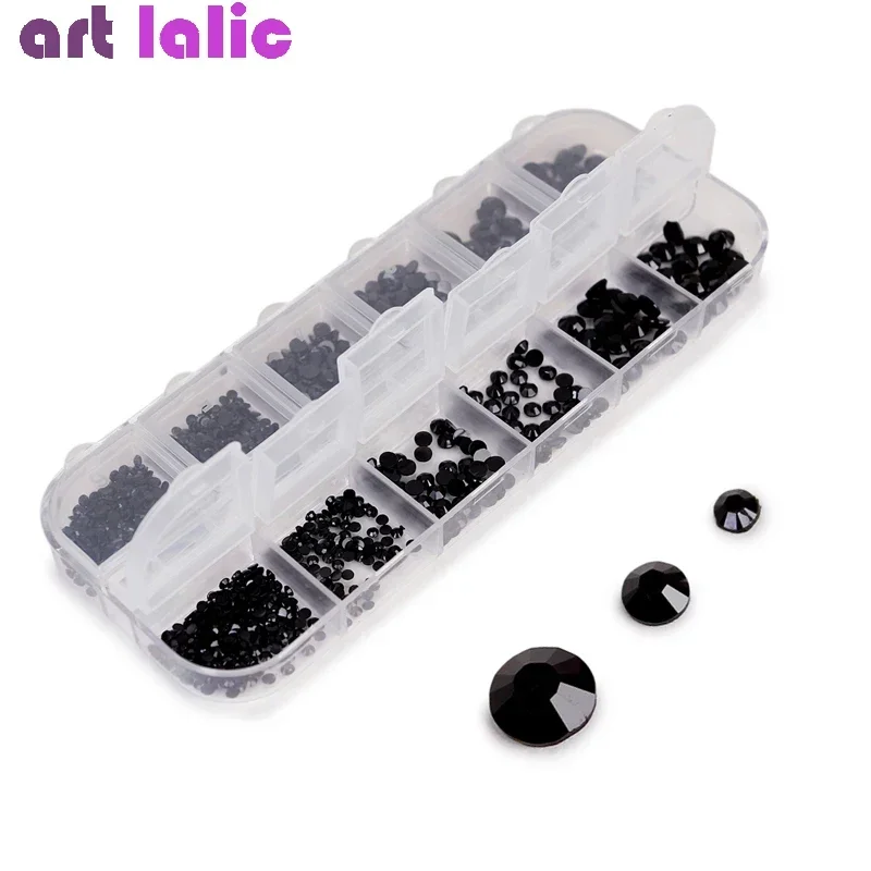 

Multi-Size Black Rhinestone Crystals Flat Bottom Glass Gems Box for Manicure 3D Decoration DIY Craft