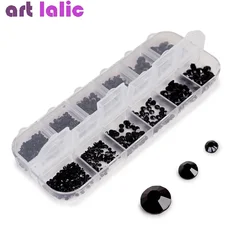 Multi-Size Black Rhinestone Crystals Flat Bottom Glass Gems Box for Manicure 3D Decoration DIY Craft