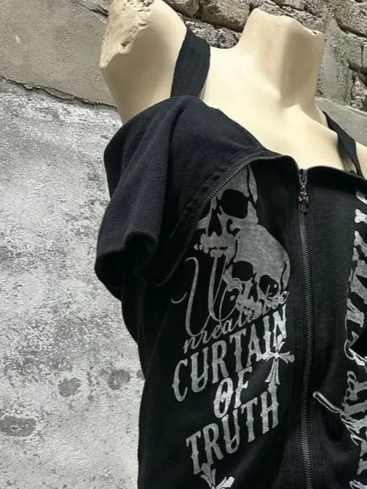 Gothic Black Y2K Subculture Skull Print Zip Coat Women Japanese Slim Striped Hoodie Casual Tops Fashion Streetwear Clothes New