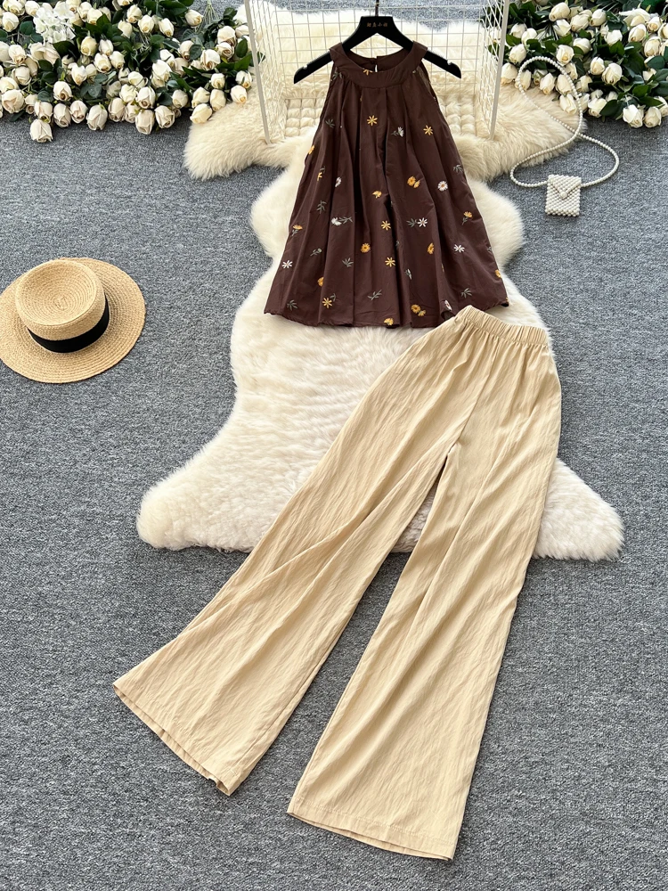 

Повседневный комплект с вышитым верхом и свободными широкими брюками с высокой талией, женский модный летний наряд