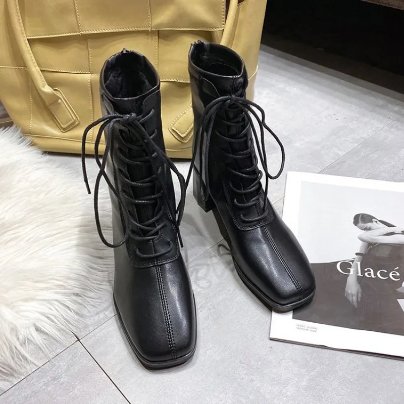 Women High-heeled Boots 2024 Fall Square Head Lace-up Chunky Shoes Heels Retro Minimalist Fashion Boots Comfortable Chelsea Boot