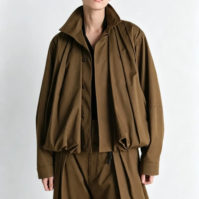 New Autumn Style High-Neck Cotton Loose Drawstring Ruffled Jacket High-Quality Fashionable Casual High Street Lantern Jacket Top