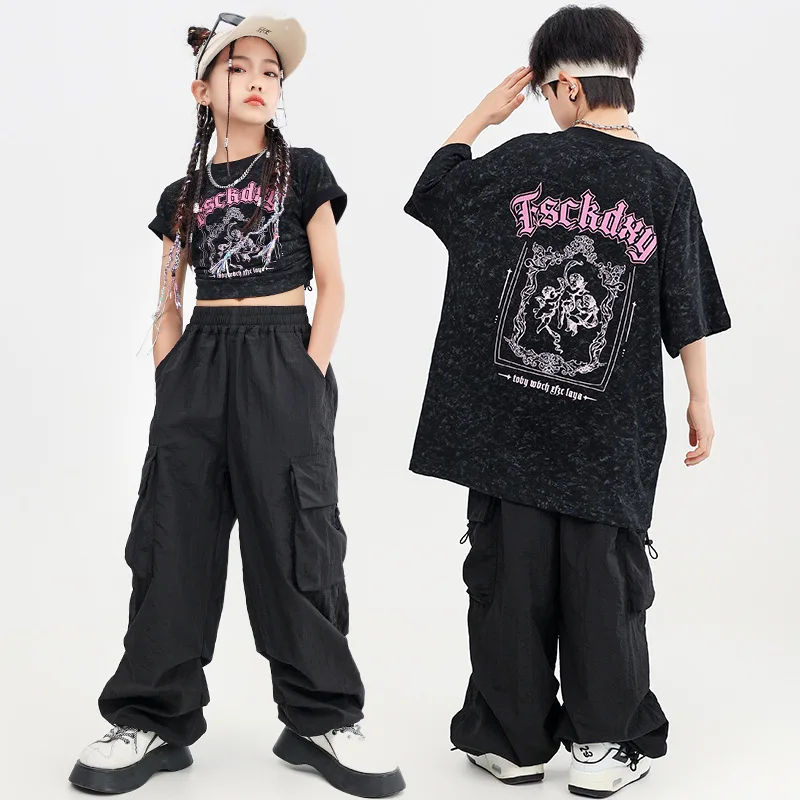 Kind coole Hip Hop schwarze Buchstaben drucken übergroße T-Shirt Top lässig Kordel zug Cargo hose für Mädchen Junge Jazz Tanz Kostüm Kleidung