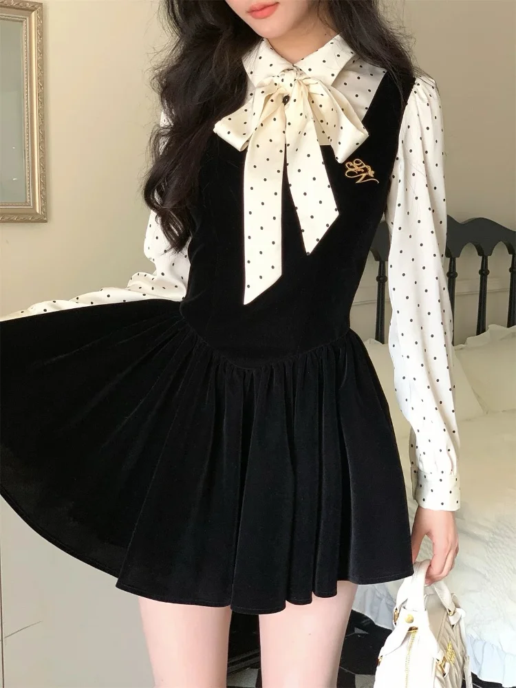 

Autumn Spring 2025 New Elegant Patchwork Mini Dress Women Long Sleeve Chic Female New Clothes
