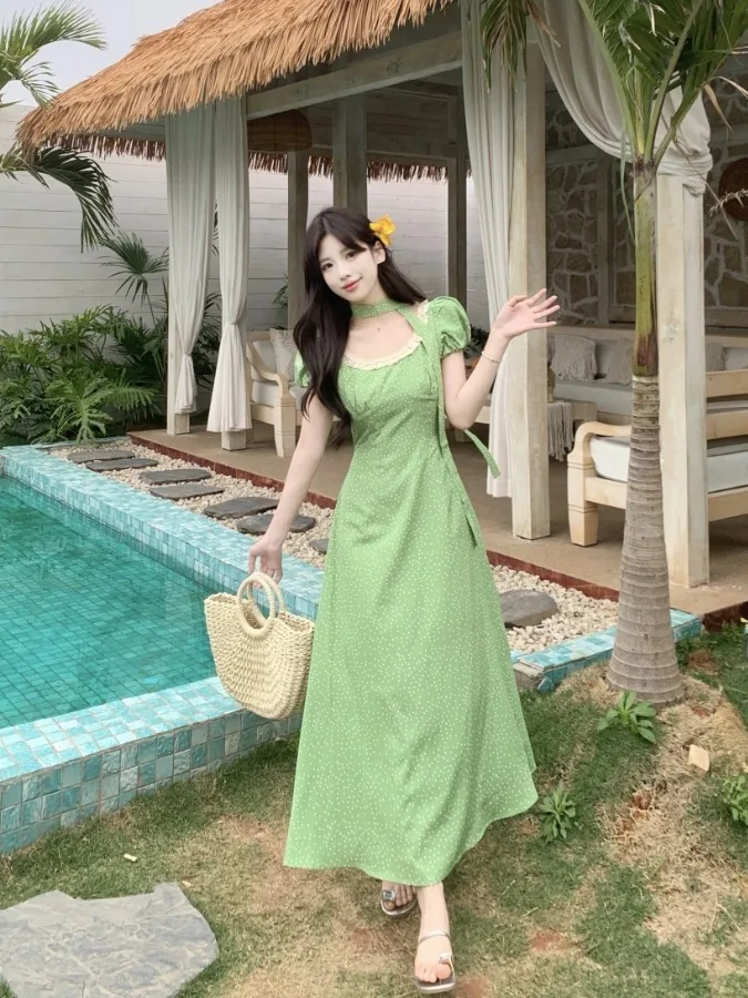 

plus Size Flared Sleeve Dress with Ruffle Splicing Polka Dot Waist Slimming Summer Casual Long Dress Women's Fashion