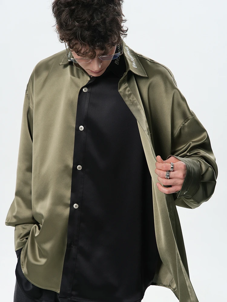 

Shirt Men's SolidColor Breathable Lapel High-End Draping Spring Fashionable Design Inner Casual Single-Breasted Metal Decoration