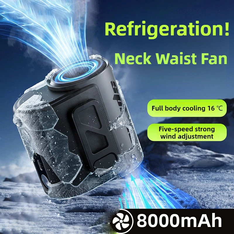 New Waist Mounted Electric Fan 8000mAh Rechargeable Anti Drop Shock Absorption Fan Portable Outdoor Flashlight Hanging Neck Fans