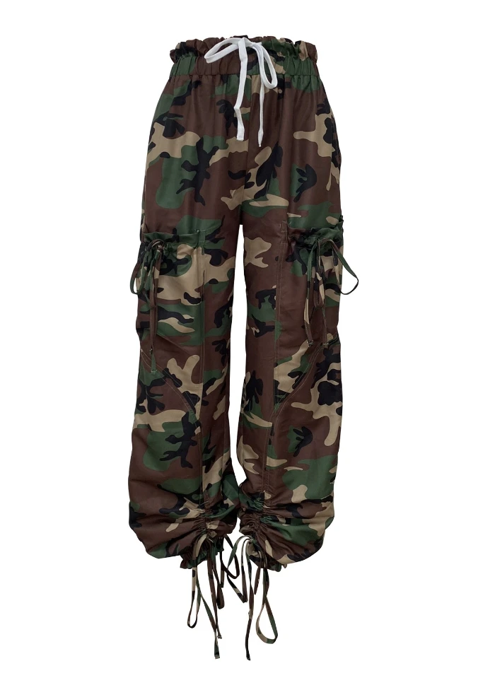 Women's Urban Trousers 2025 Autumn Winter Latest Camouflage Print with Drawstring Large Pocket Lantern Loose Toe Tie Harem Pants