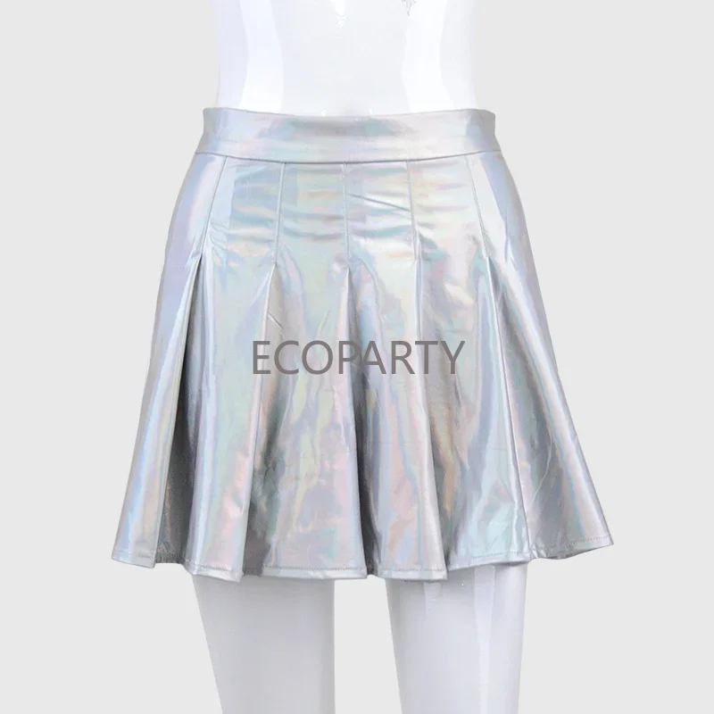 2023 Summer Harajuku Casual Sexy Women Hight Waist Streetwear Rainbow PU Silver Holographic Mini JK Skirts Laser Pleated Skirt