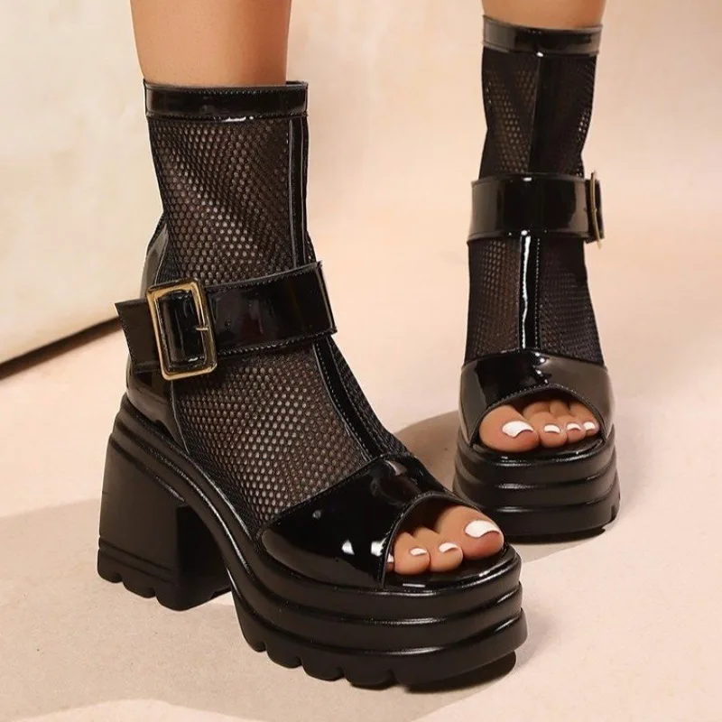 

Woman Sandals Women Fashion Black Sandalias Breathable Mesh 10cm Heel Shoes Platform Buckle Sandale Womens Sandal Zip Plus Size