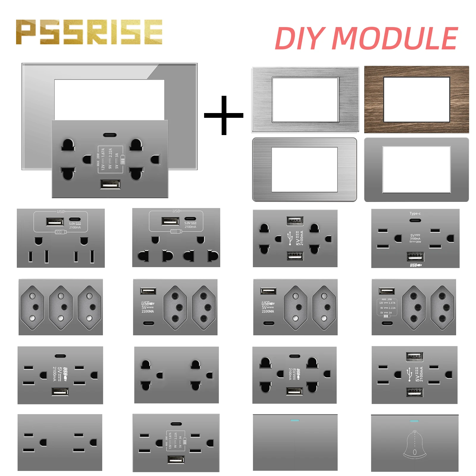 

Многофункциональная розетка PSSRISE Grey (стандарты Мексика, Бразилия, США, ЕС, Таиланд) с двойным USB Type-C 2.1A для быстрой зарядки