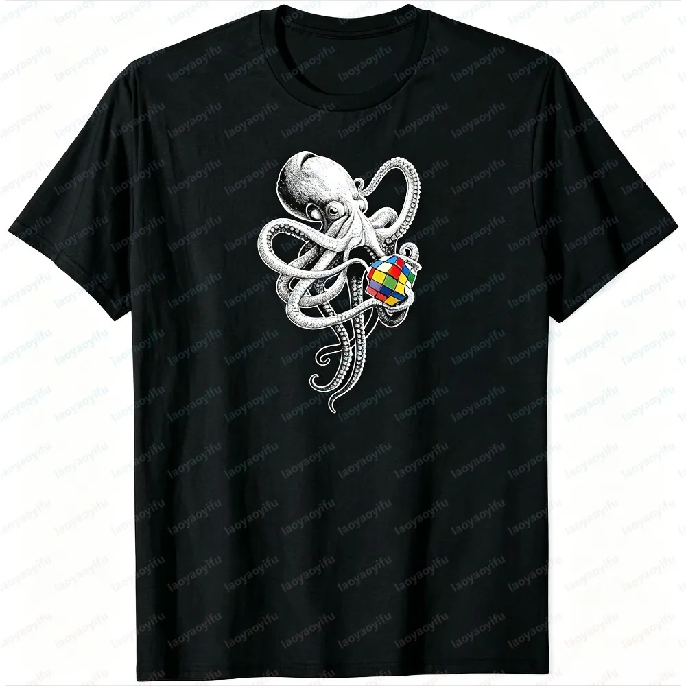 Summer Fashion Unisex Short Sleeve T Shirt Vintage Octopus Rubik Cube Graphic Cotton Tee Trendy Streetwear For Puzzle Lovers